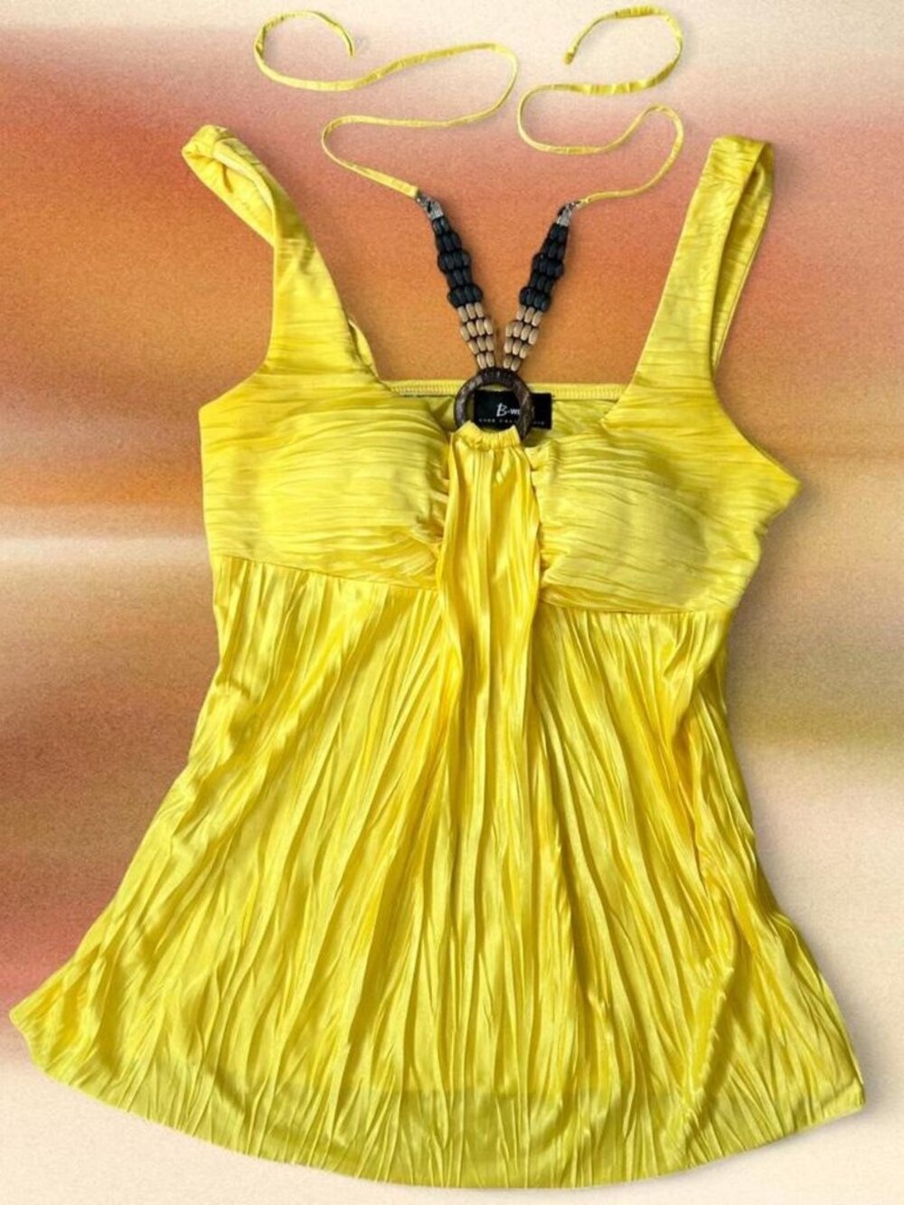 VTG Y2K Yellow Silky Byer California Beaded Coconut O Ring Halter Tank Top ⭐️
